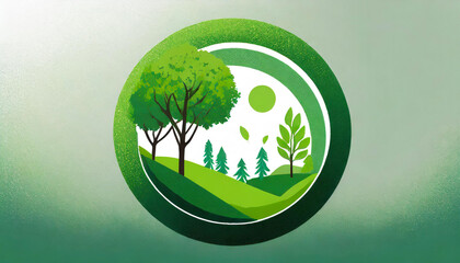 environmental protection logo isolated on white background, circular symbol with trees, green future, 2d