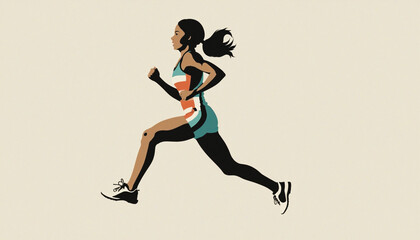 Retro-inspired vector silhouette of a woman sprinting. Quick running. Retro stripes background, posters, banners with vintage colors from the 70s, 80s, and 90s.