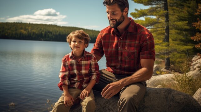father and son against the backdrop of the lake in plaid shirts that complement the natural setting. Notice the harmony of the colors of their clothes and the calm waters of the lake.