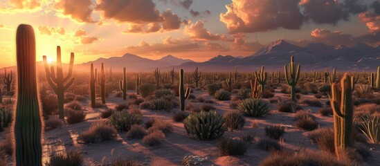 Beautiful cacti scattered all over the plateau with mountains in the background on a sunset view - obrazy, fototapety, plakaty