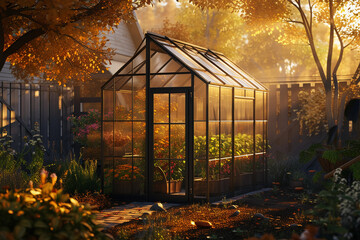 small glass greenhouse in a backyard garden at sunset, with warm, golden light casting long shadows and highlighting the texture of the glass