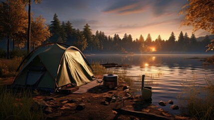 lakeside campsite to add context and realism. Includes items such as tents, fishing gear and a fire.
