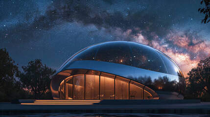 planetarium, showcasing its dome-shaped architecture with a smooth, metallic surface reflecting the evening sky, stars beginning to appear