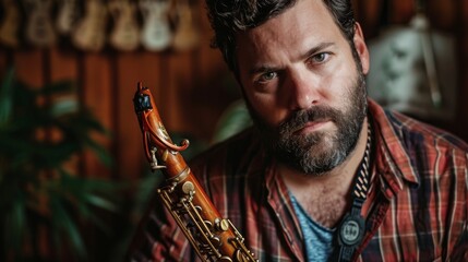A bearded man passionately plays the clarinet indoors, his face contorted in emotion as the smooth...