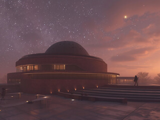planetarium, its traditional circular structure made of red bricks, set against a twilight sky
