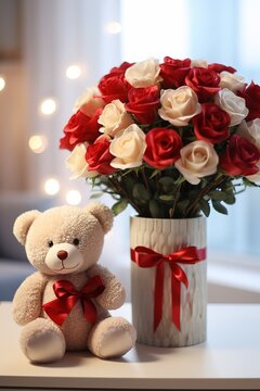 vertical image of cute white teddy bear with bow and bouquet of red and white roses on bokeh background