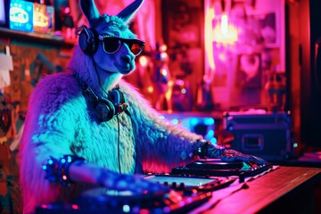 A furry llama creates an electrifying indoor party with its stylish sunglasses, headphones, and dj...