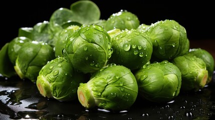  a pile of green brussel sprouts sitting on top of a table covered in raindrops.