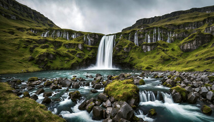 Scenic view of waterfall in iceland surrounded by grassy hills. Travel and adventure concept background.