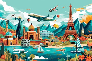 A vibrant painting of a cartoon airplane soaring through a bustling cityscape, captured in a dynamic illustration that showcases the beauty of flight and the excitement of outdoor adventure