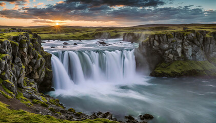 Scenic view of waterfall in iceland at sunset. Travel and adventure concept background.