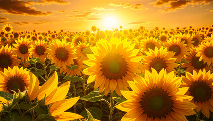 Obraz premium field of sunflowers during sunset with bright yellow petals and green centers bright yellow sun