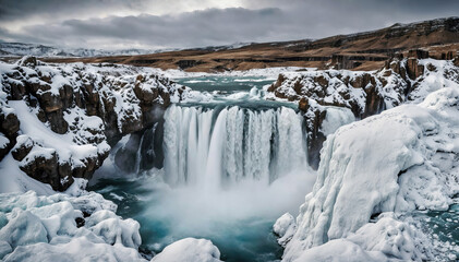 Scenic view of frozen waterfall in iceland during winter. Travel and adventure concept background.