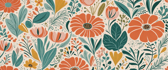Colorful organic shapes seamless pattern set with geometric nature shapes on a cartoon background. Simple freehand flower symbol wallpaper in vintage pastel colors. - obrazy, fototapety, plakaty