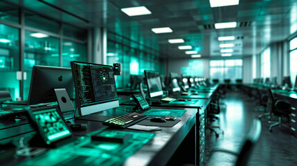 Modern Control Room with Multiple Screens, Technology and Business Monitoring, Futuristic Workspace