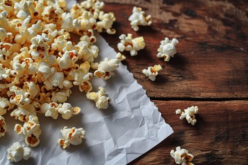 top view popcorn on a paper on rustic wooden background with copy space