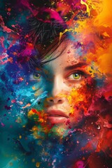 A vibrant woman's face is transformed into a work of art with bold splashes of colorful acrylic paint, evoking a sense of modernity and creative expression