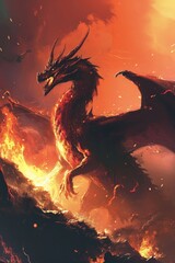 A majestic dragon with fiery wings and sharp horns roars amidst a vibrant backdrop of mesmerizing cg artwork, evoking a sense of awe and wonder