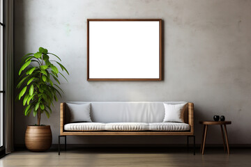living room interior with blank picture mockup, sofa and plant in a gray pot against a gray wall