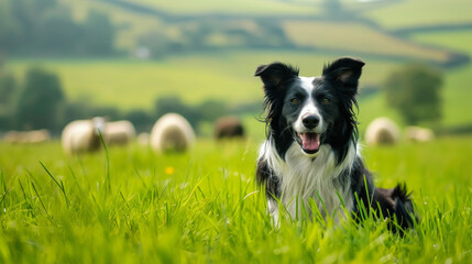 Border collie in a large green hilly meadow. Sheep are in the blurred background. Smart sheepdog.