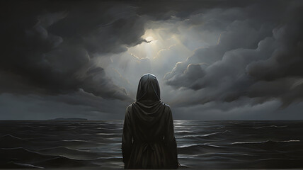 Gloom's Embrace: Illustrating Depression's Turmoil with a Shadowy Figure in Storm Clouds - AI - obrazy, fototapety, plakaty
