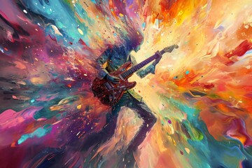 Vibrant strokes of acrylic paint come alive on the canvas as a musician's fingers strum a guitar,...