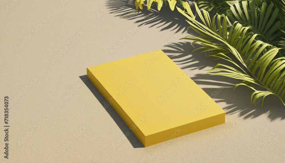 Poster 3d render of abstract yellow background with tropical leaves shadow and sunlight. minimal scene with