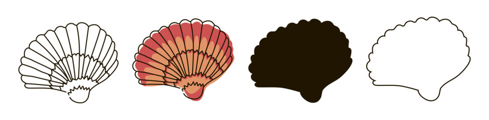 Shell set drawn in single line style, doodle, black silhouette and outline . Marine illustration. Shells. Vector illustration on white background