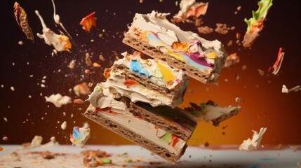  a piece of cake that is falling into the air with it's frosting and sprinkles.
