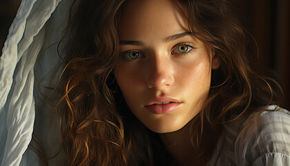 Naklejka premium Beautiful woman with brown hair looking at camera generated by AI