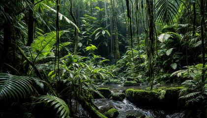 A dense rainforest with a small river running throug trees covered in moss and ferns