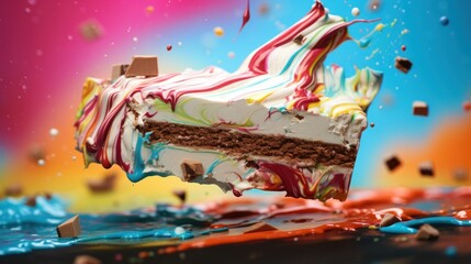  a piece of cake with white frosting and multicolored icing on top of the cake is floating in the air.