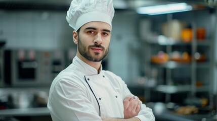 A skilled man in a crisp chef's uniform brings life to the bustling kitchen with his delicious food processing and expert cooking techniques