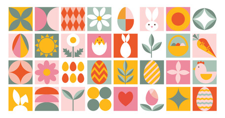Abstract geometric Happy Easter background. Icon with holiday symbols. Stylized bunny, egg, ear, flowers chicken. Trendy contemporary design for banner, card, poster, packaging, advertising, cover.