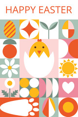 Template celebration card or poster of Happy Easter. Trendy minimalist aesthetic with geometric holiday elements. Useful for banner, invitation, label, cover.