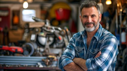 A confident man stands with crossed arms, his rugged face framed by a bushy beard, dressed in casual clothing and surrounded by tires in an indoor shop - obrazy, fototapety, plakaty