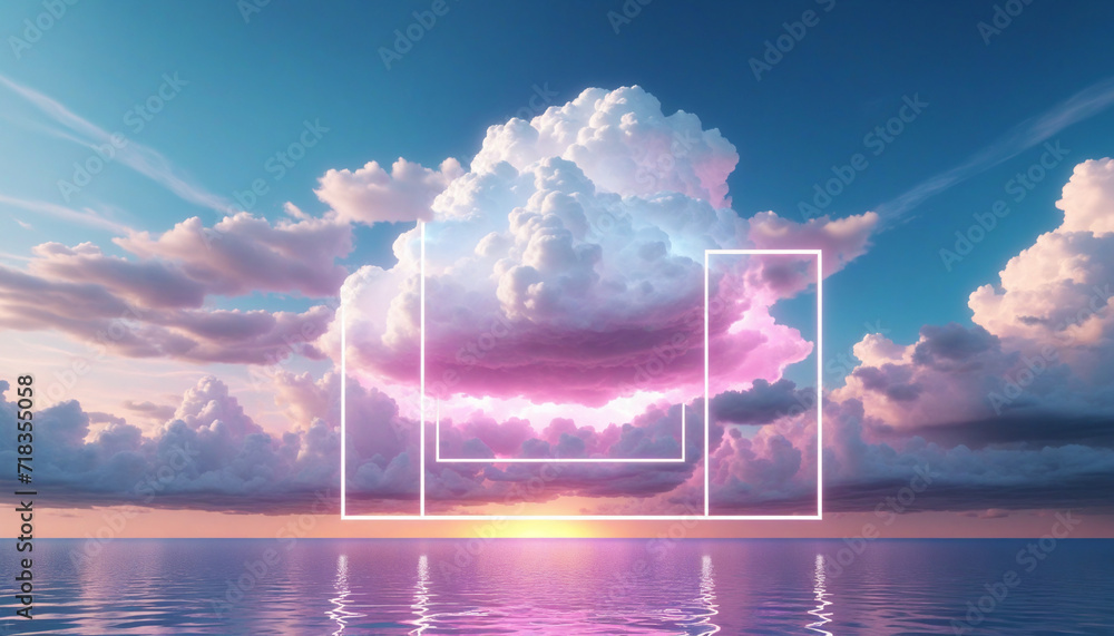Poster abstract geometric design with glowing neon frame and illuminated cloudscape reflections.