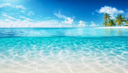 Fototapeta na wymiar A tropical beach scene with crystal clear water white sand and palm trees