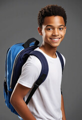Happy handsome Black or Latino teenage boy with backpack, digital artwork in cartoon movie style