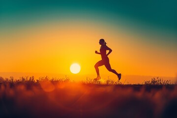 As the sun sets behind her, a woman's silhouette stands out against the vibrant sky, embodying determination and freedom as she runs through the golden light of the outdoors