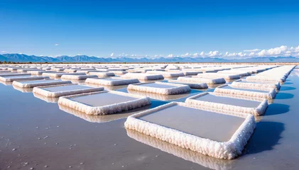 Zelfklevend Fotobehang salt pan with square salt blocks lined up in rows reflecting in the water © Graphic Dude