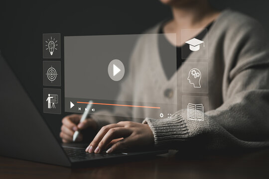 e learning concept. Woman learning online with webinar. The Internet is used for modern education. seminar meeting, elearning technology, video tutorial, online lessons, digital training study course,