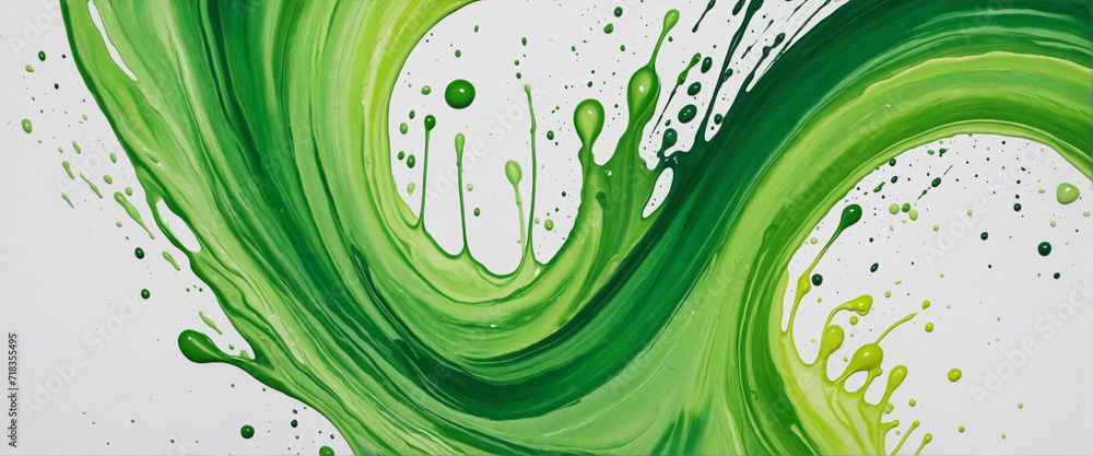 Poster green acrylic paint splatter on white canvas with brush strokes and textured finish. fluid abstract 
