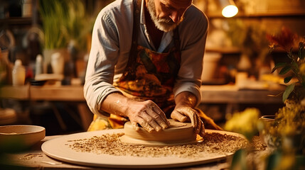 
man in pottery workshop makes plate of clay, an authentic atmosphere, yellow lamp, lifestyle, magical atmosphere. Concept with your own hands, home entertainment