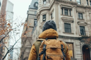Amidst the bustling city streets, a lone figure stands adorned in a backpack and hat, gazing up at the towering building against the winter sky, with a stoic statue peering down from a nearby window