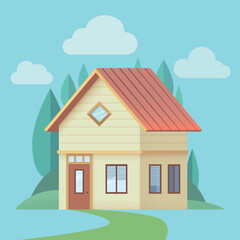 Fototapeta premium Cozy flat design house illustration with minimalistic trees and hills. Siding and tiled roof house design