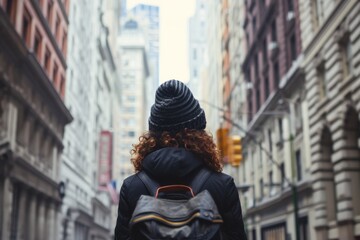 Fototapeta na wymiar A bundled-up woman braves the chilly city streets, passing by towering buildings and donning a cozy winter jacket as she takes in the bustling outdoor scene