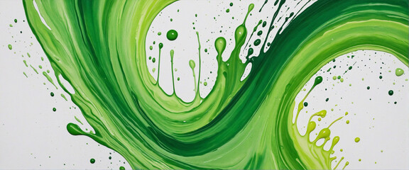 Green acrylic paint splatter on white canvas with brush strokes and textured finish. Fluid abstract pattern created with hand-drawn acrylic.