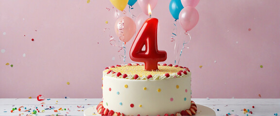 Forth Birthday or Anniversary Cake Decoration with Number 4 Candle, Balloons, and Banner for Copy...