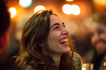 Naklejka premium A vibrant, carefree woman radiates joy as her contagious laughter echoes through the room, showcasing her beautiful smile and stylish layered hair